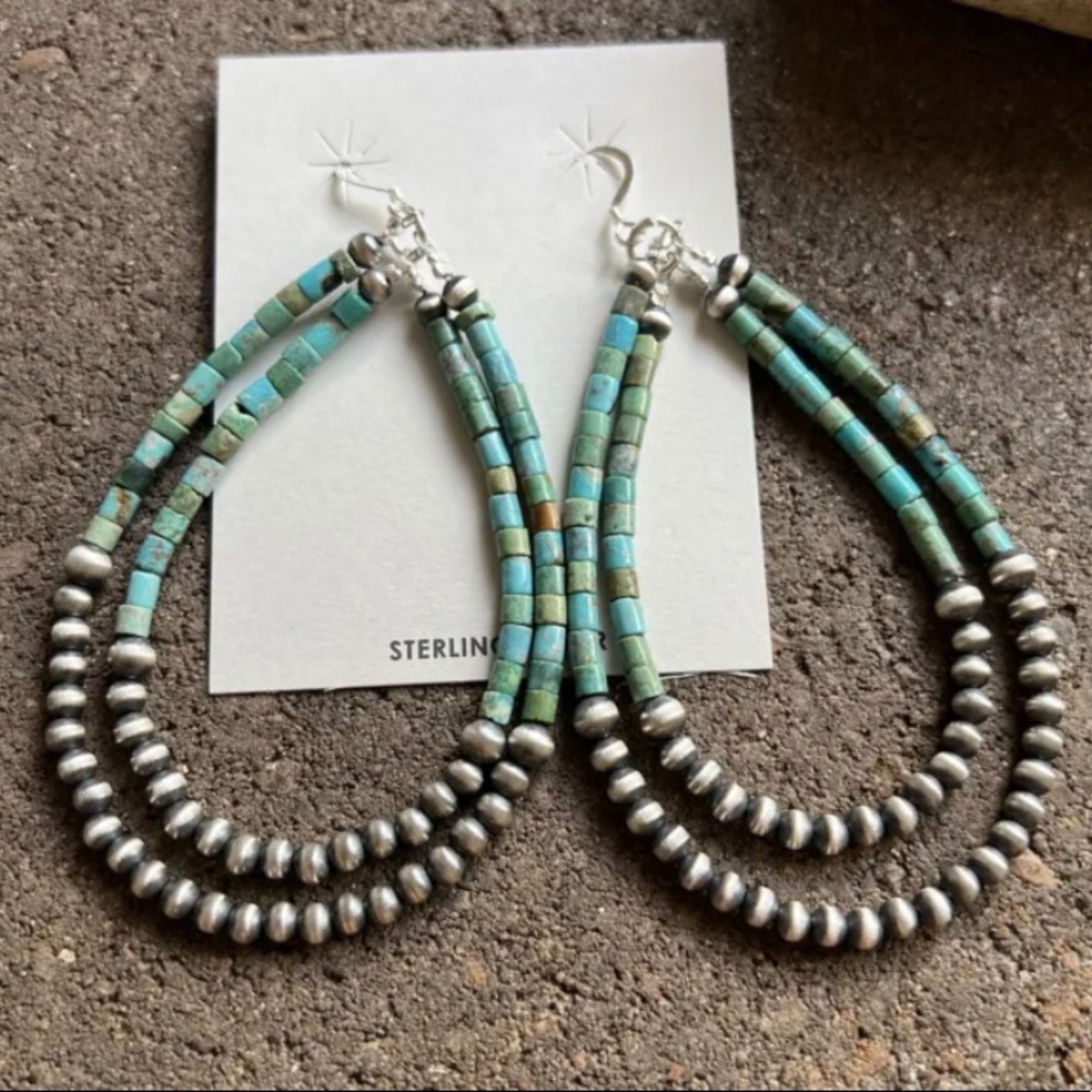 Sterling Silver Double Loop Turquoise Pearls Earr… - image 1